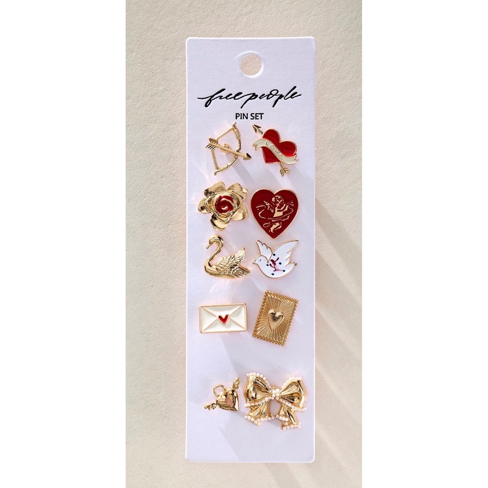 Free People Just My Style Pin Set Gold Toned Enamel Hearts Bows Floral 10pc
